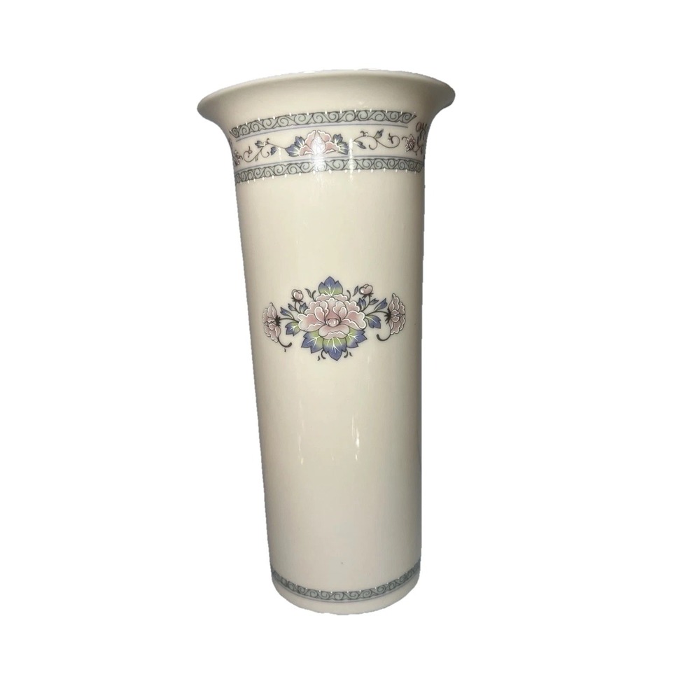 Lenox‎ Charleston Vase 6 3/4" Cylinder Porcelain Platinum Trim Ivory Pink Floral